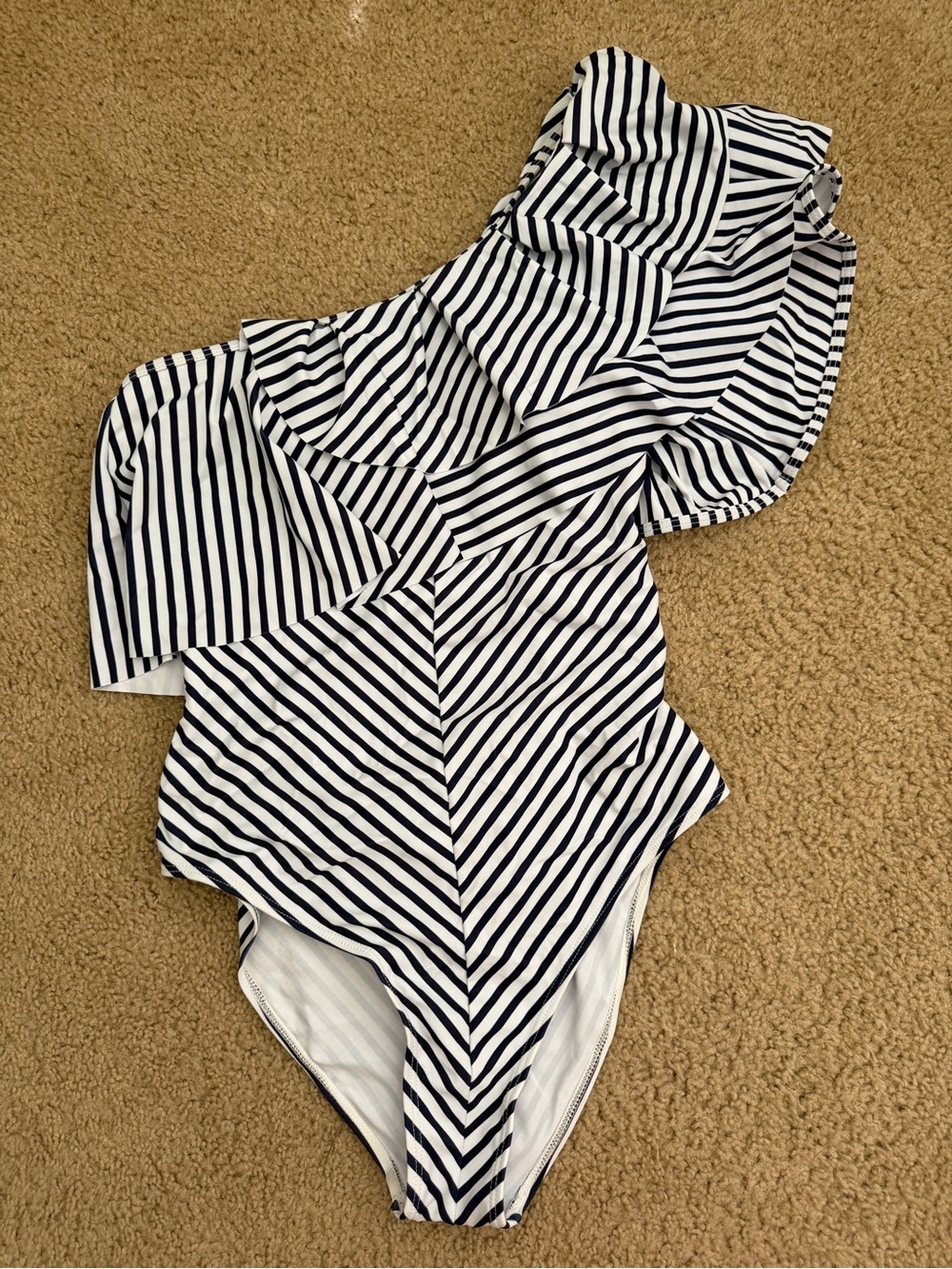 Striped One-Shoulder Ruffle One-Piece Swimsuit - Navy & White